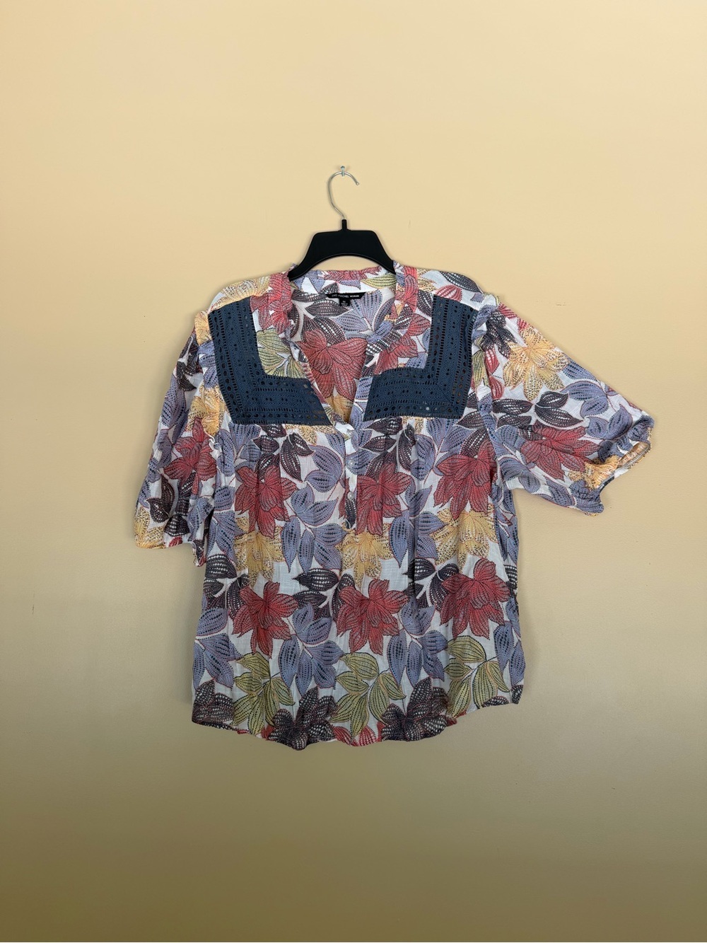 Zac & Rachel Multicolor Floral Top with Navy Eyelet Yoke